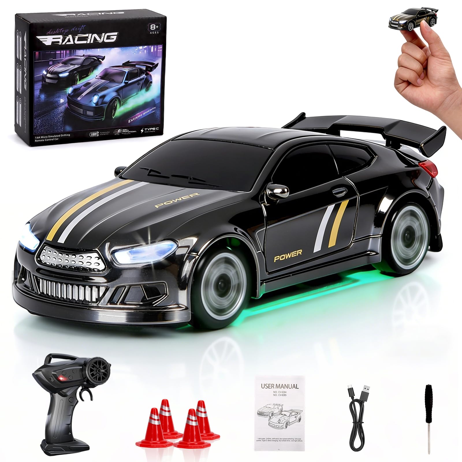 Mini RC Drift Car 1/64, Micro Remote Control Car with Led Lighting & Adjustable Dual Speed Modes, 2.4GHz Stunt Pocket Desktop Drift Cars with 4 Obstacles & Joystick Control