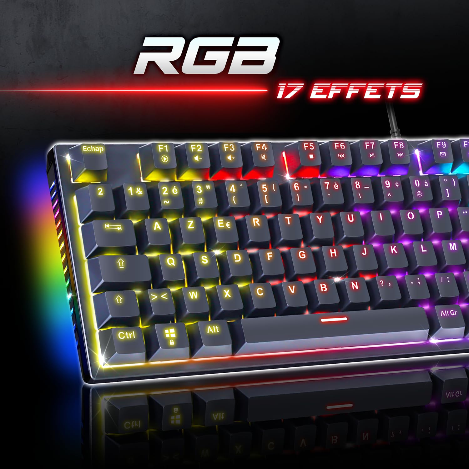 Spirit Of Gamer XPERT K250, teclado mecánico AZERTY Swtich rojo, 17 modos de retroiluminación RGB, tecnología N-Key Rollover de 26 teclas antighosting, conexión por cable, 2 interruptores incluidos,