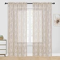 Vista 54 de DWCN Cortinas traslúcidas para cocina, bolsillo para barra de encaje floral beige, 52 x 36 pulgadas, 2 paneles Encaje Beige