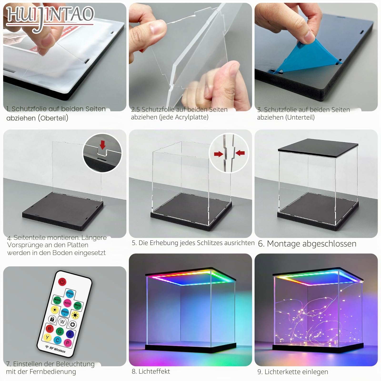 Acryl Vitrine / Schaukasten mit LED Beleuchtung für Figuren (20x20x20 cm) | Vitrine für Staubdicht und UV-Schutz, RGB Beleuchtet Display Case, Helligkeit Einstellbar, Mehrere Leuchtungsmode