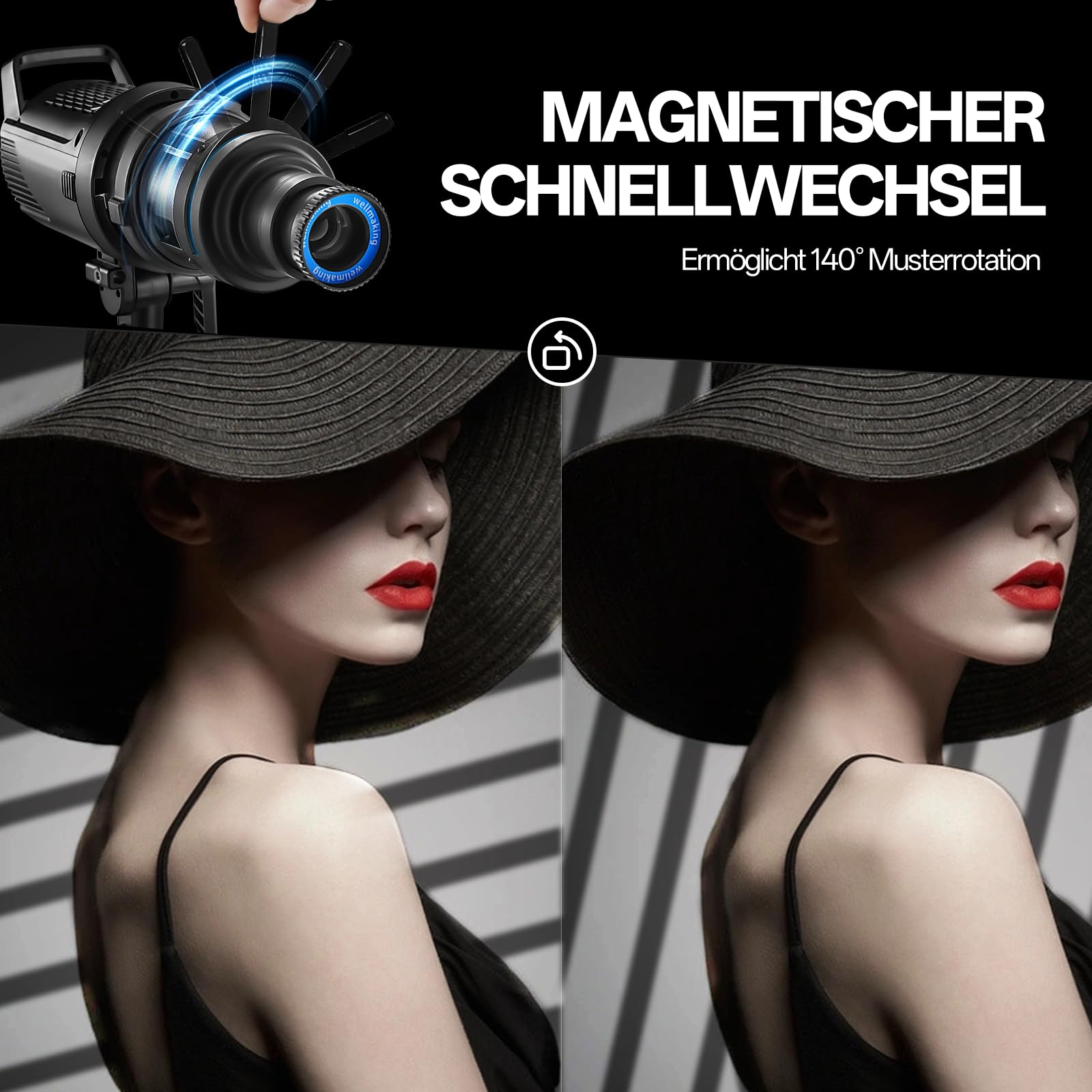 WELLMAKING S-80 Bowens Mount Optischer Konischer Snoot Spotlight Kit – Fokus verstellbar, 38°-Linse, Lichtform änderbar – für Foto/Video, kompatibel mit LED-Lichtern und Blitzgeräten