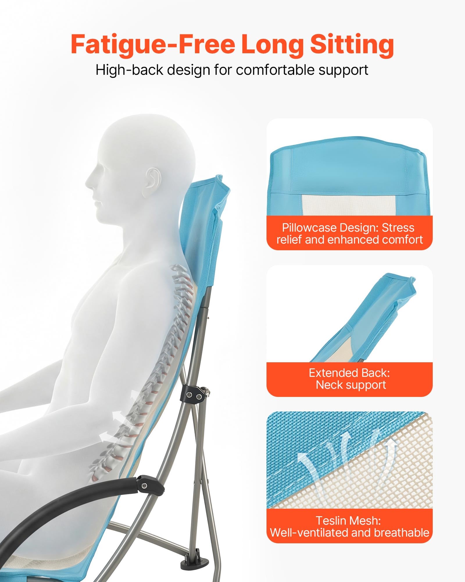 VEVOR Chaise de Camping Pliante et Portable 2PCs, Fauteuil Pliable Camping à Dossier Haut, pour Pique-Nique Randonnée Pêche en Plein Air, Charge 150 kg, avec Porte-gobelet et Sac de Transport, Bleu
