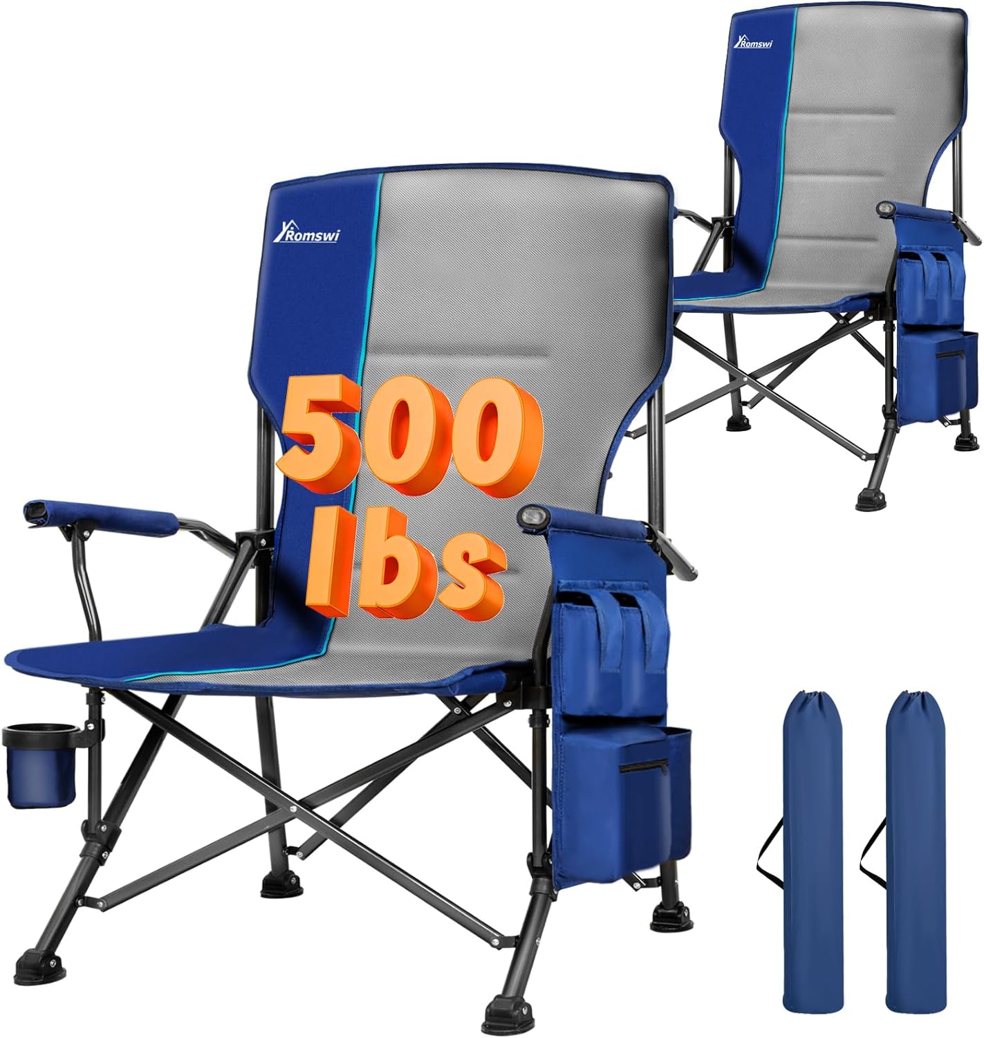 Romswi Oversized Camping Chairs 2 Pack, 500 LBS Heavy Duty Folding Lawn Chairs with Hard Armrests, Wide Seat Outdoor Chairs with Cup Holder & Side Pocket for Camping Beach Sports Backyard