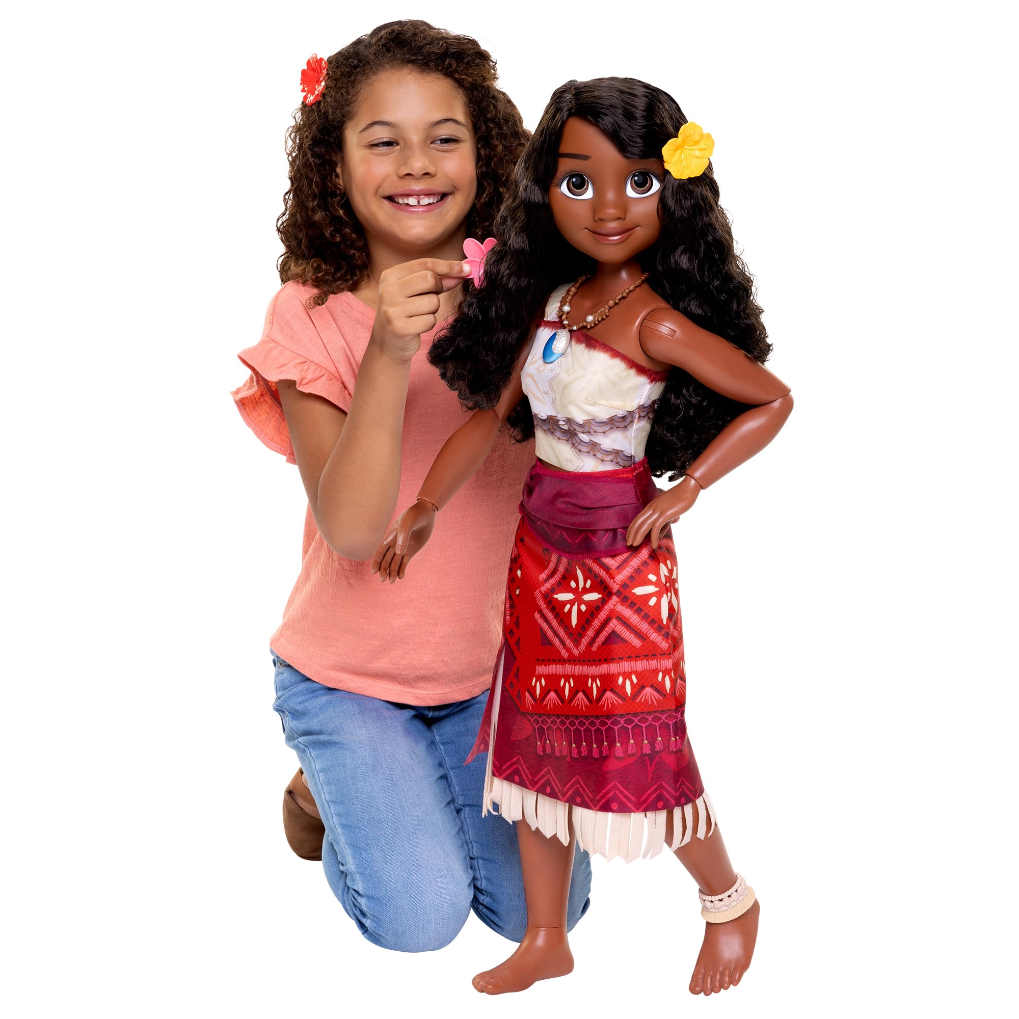 Disney Princess Jakks Pacific Moana Playdate 32" / 81cm Doll, Official Disney, My Size Articulated Doll, Includes Hair Brush and Hair Accessories to Wear, Fun Paper Pua and HeiHei, for 3+