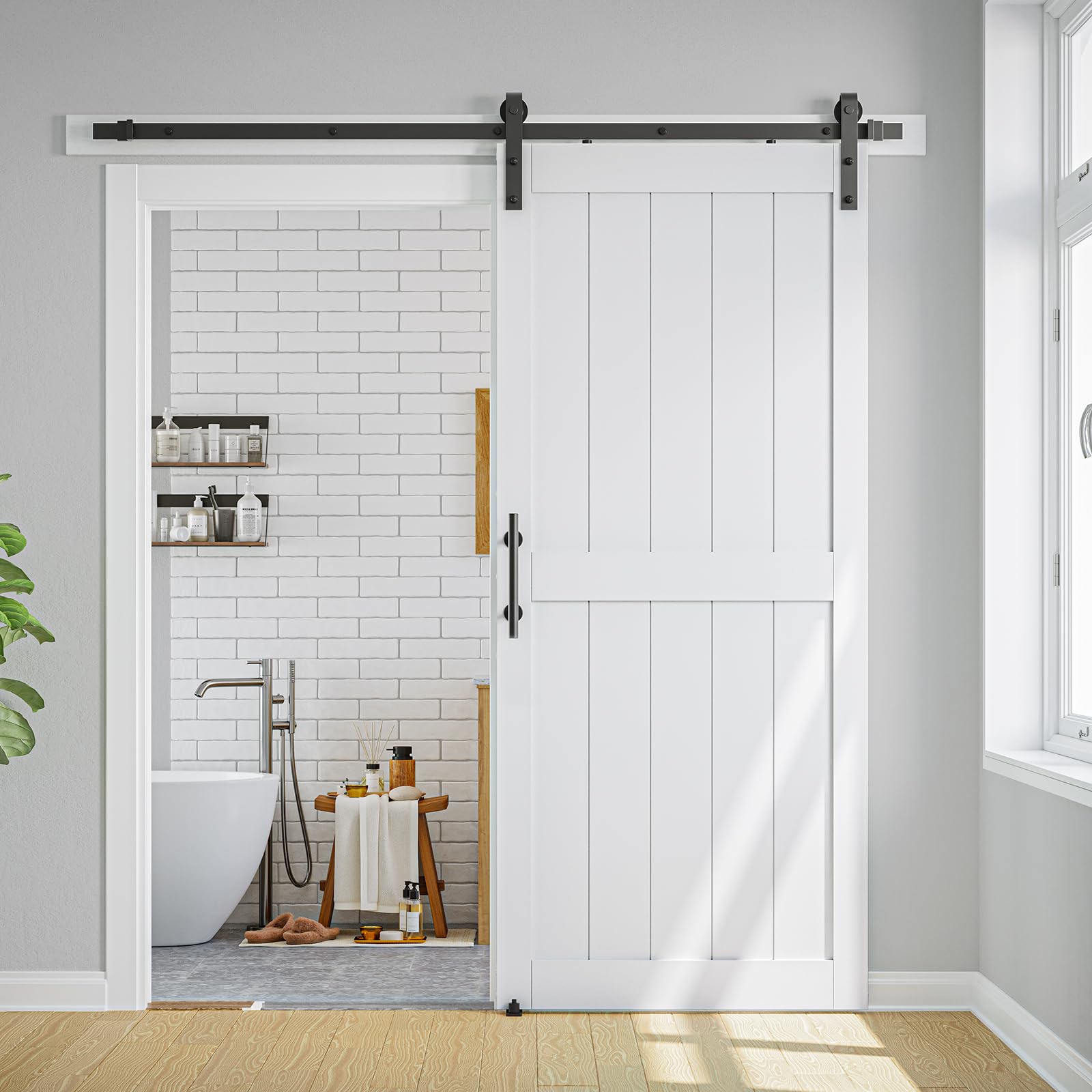 34 x 96 in Manufactured Paneled Wood Barn Door with Installation
