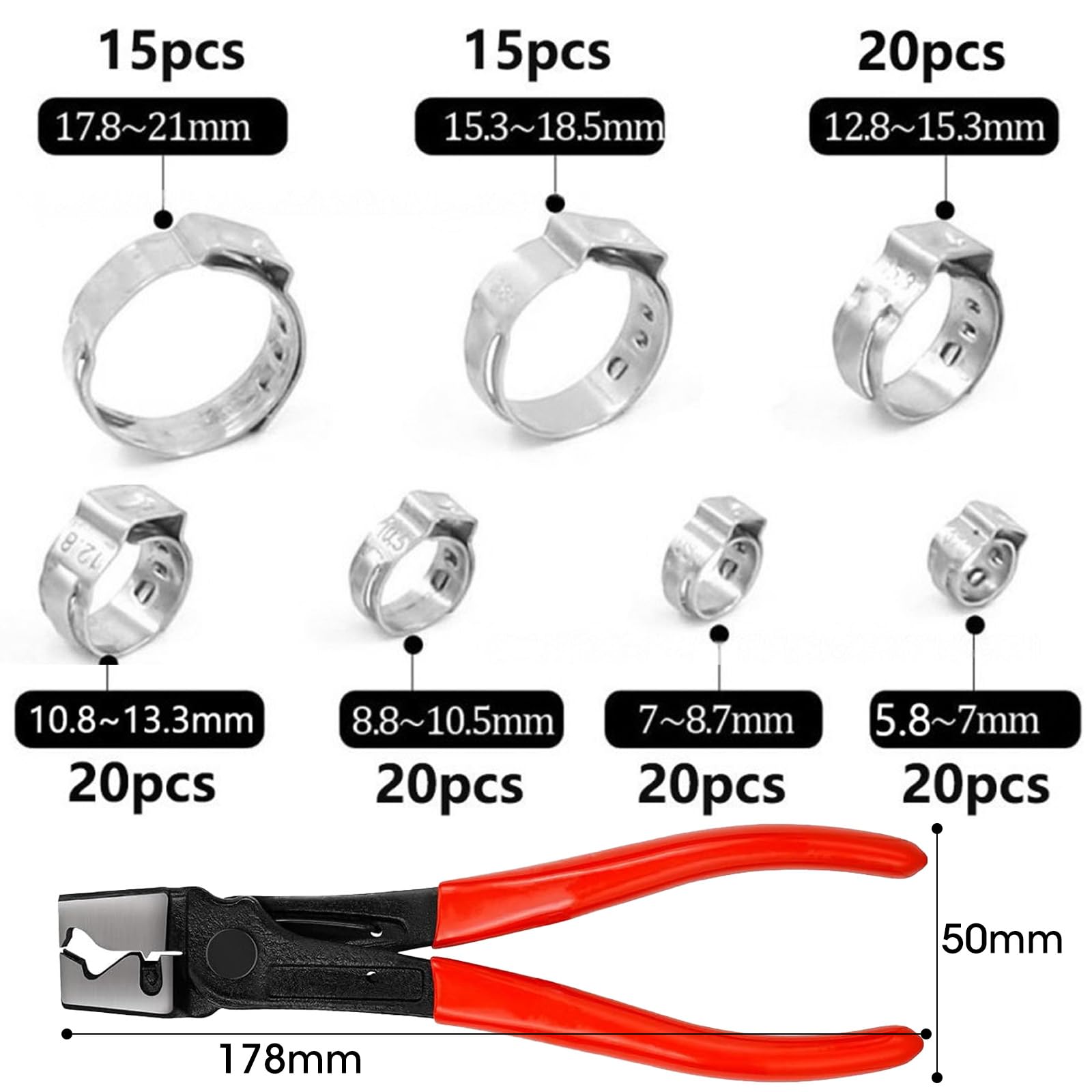 130 Stück Schlauchschellen Edelstahl Schlauchklemmen Set 5.8-21mm Schellen mit Klemmzange pour Rohrleitungen Kraftstoffleitungen Automobil, Industrie und Rohrsanierun