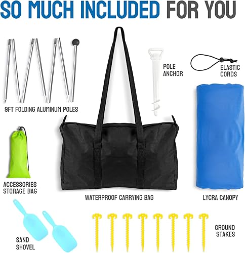 Miniatura 5 de Toldo para tienda de campaña de playa, refugio solar desplegable de 10 x 10 pies, parasol familiar portátil UPF50+ con 8 bolsas de arena, 2 palas de