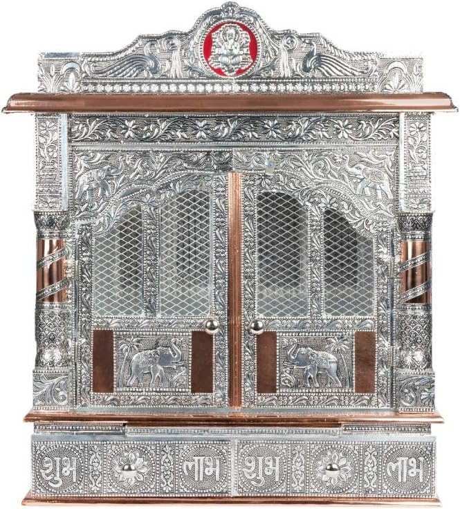 Puja Mandir - Wooden Hindu Temple 22" Oxidized Silver Color Mandir with Doors - Fully Assembled