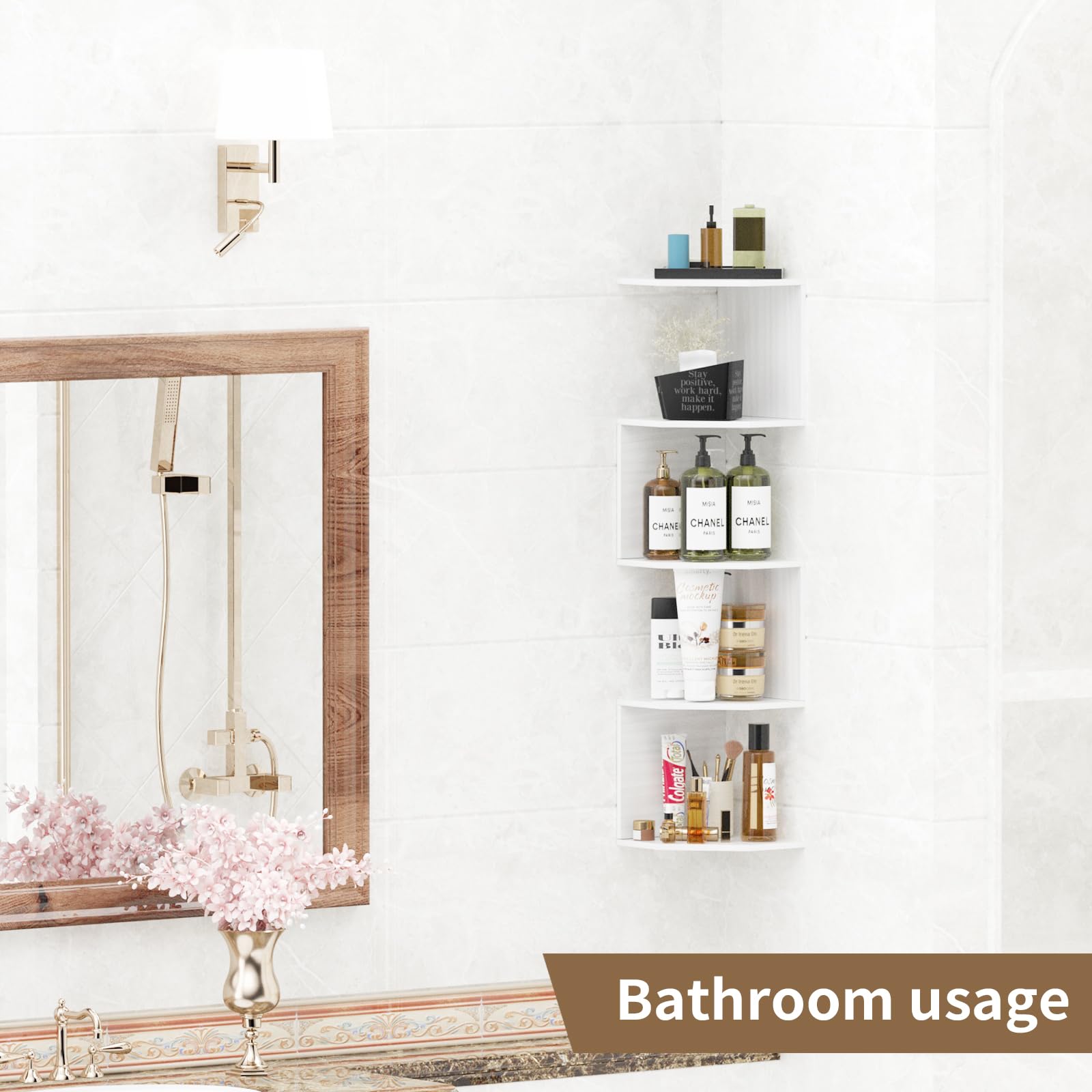 JJL Corner Wall Shelf, 5 Tier Corner Shelf for Wall Organizer Storage, Floating Corner Shelf for Living Room and Bedroom Decor, Dining Room Decor, Office Wall Decor, Dorm Decor, White Finish