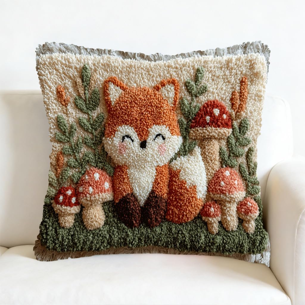 DIY Latch Hook Pillow Kit Cute Fox and Mushrooms 43x43cm-3 | Hook and Latch Yarn Crochet Pillowcase with Pattern Canvas Cushion Easy for Beginners Adults Sofa Bedroom Decoration