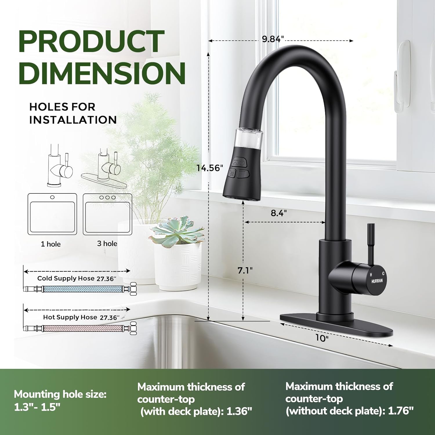 Kitchen Faucet with Pull Down Sprayer, Hurran Matte Black Water Filter Faucets, High Arc Single Handle Kitchen Sink Faucet 1 or 3 Hole, Utility Sink Faucets with Deck Plate for Farmhouse Rv Wet Bar