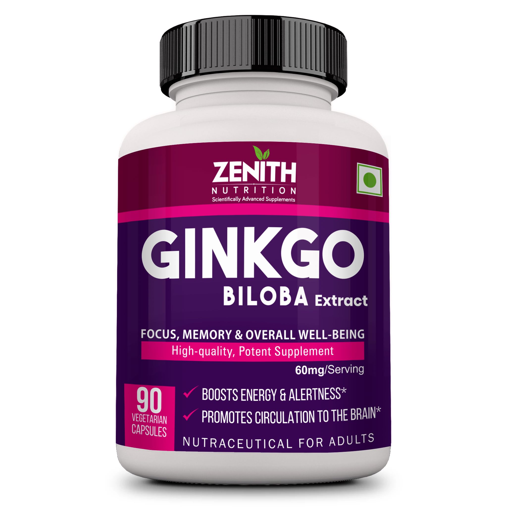 Zenith Nutrition Ginkgo Biloba (Supports Mental Clarity, Focus & Memory) 60 mg - 90 Veg Capsules