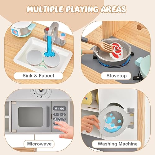 Miniatura 2 de Costzon Juego de cocina para niños, juguete de cocina de madera con fregadero y grifo, microondas, estante para platos, lavadora, cocina de juego