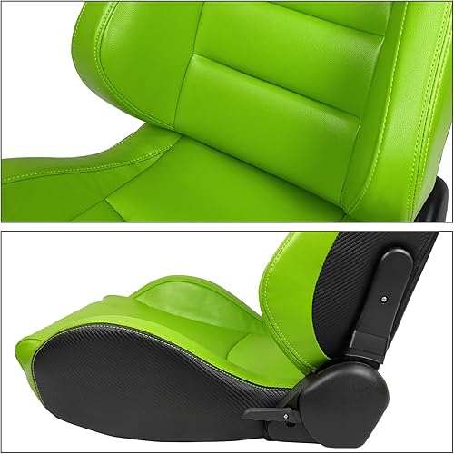 Miniatura 8 de IKON MOTORSPORTS, Asientos universales de carreras con deslizadores dobles, asientos deportivos reclinables de poliuretano verde y cuero de carbono,