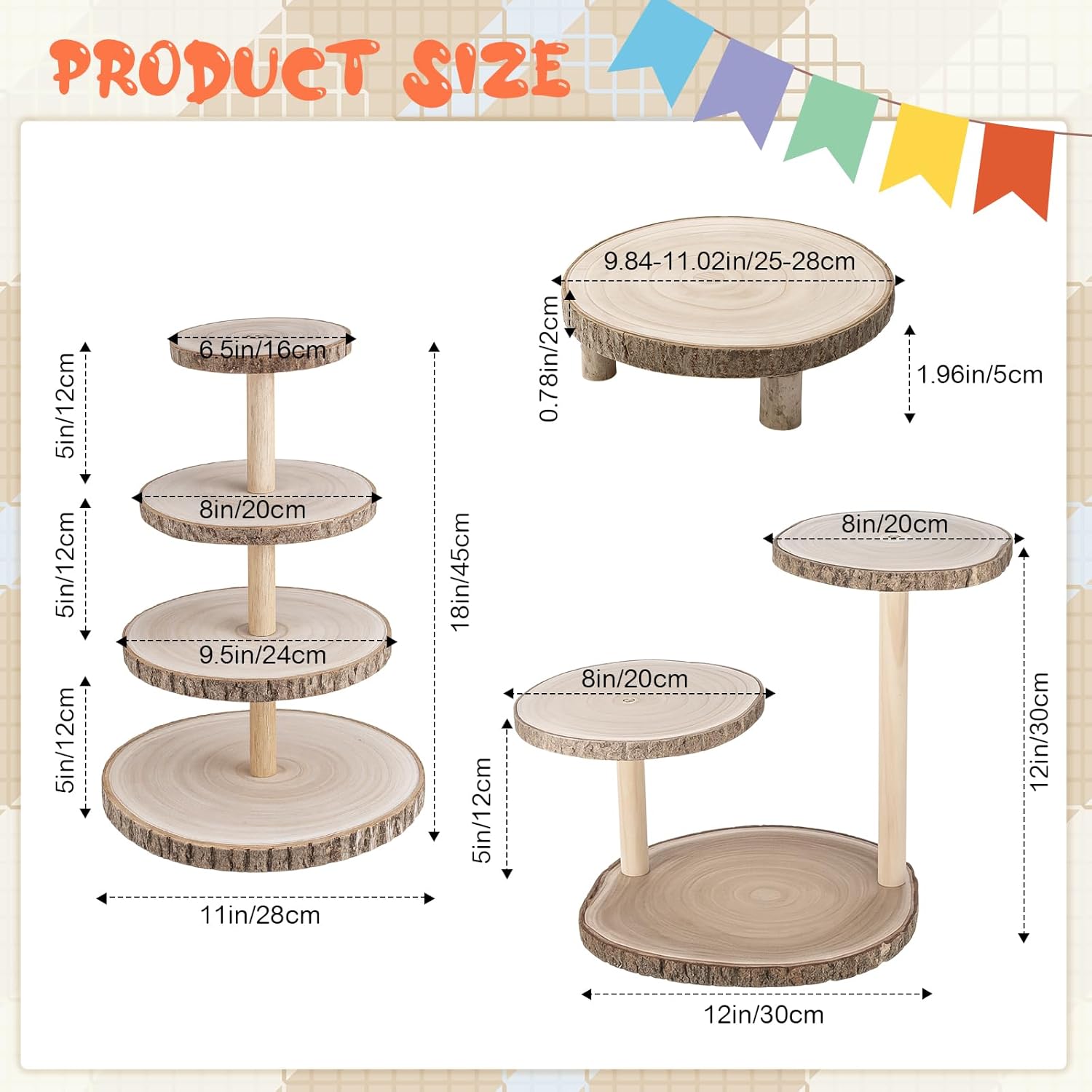 3 Pcs Wood Dessert Table Display Set,4 Tier Rustic Cupcake Stands, 1 and 3 Tier Natural Dessert Tower for Wedding Farmhouse Vintage Table Decor