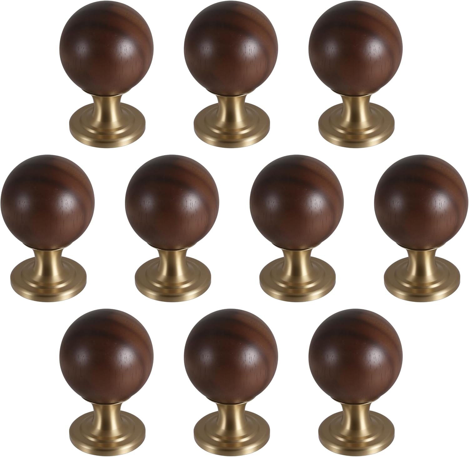 Wood & Brass Cabinet Knobs and Pulls 10 Pack - 1-3/16''(30mm) Walnut Round Gold Cabinet Knobs Hardware with Copper Base, Vintage Wooden Handle for Dresser Kitchen Cupboard Drawer