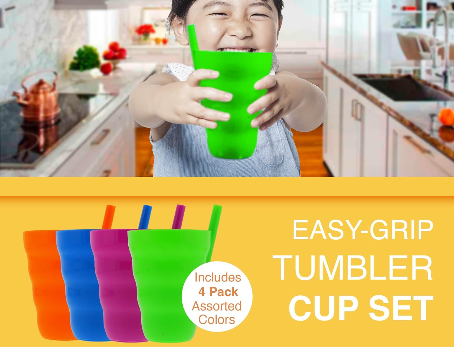 Arrow Home Products Sip A Cup with Built in Straw, 10oz, 4pk - BPA-free Straw Cups for Kids Great for Everyday Use - Made in the USA, Stackable Kids Straw Cups - Purple, Blue, Green, Orange