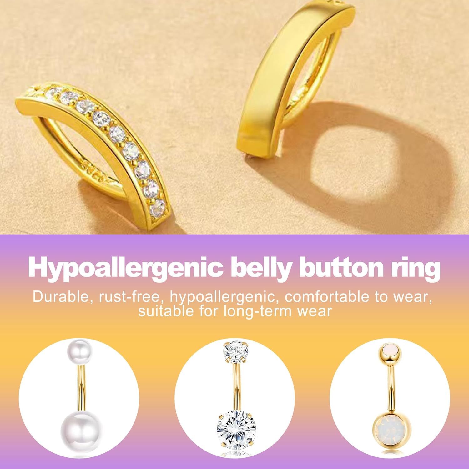 9 Pcs 14g Surgical Steel Belly Button Rings Navel Piercing Jewelry for Women Gold Silver CZ Opal Pearl Clicker Ring Set - Image 3