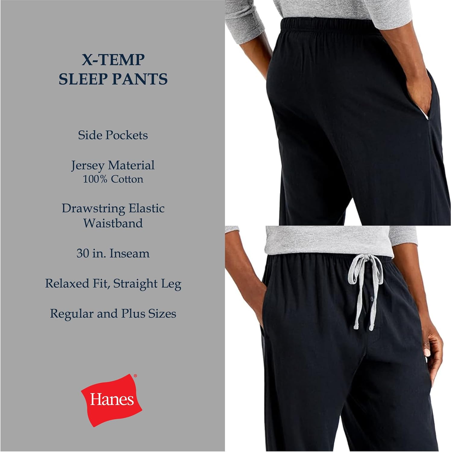 Hanes Men’s X-Temp Jersey Cotton Sleep Pajama Lounge Pants with Pockets, Pj Bottoms, Extended Sizes - Image 3