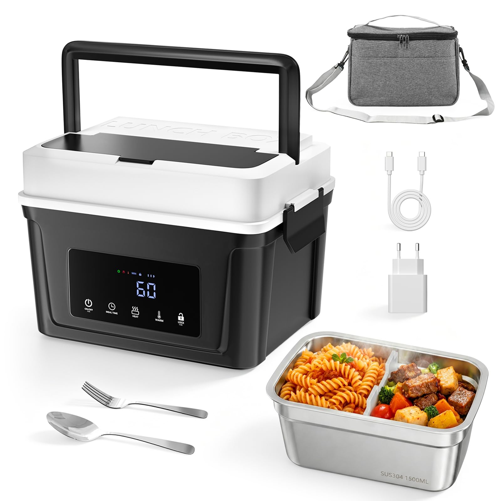 Fiambrera eléctrica de 1,5 L, inalámbrica, calefactable, de acero inoxidable, calentador de alimentos, con bolsa de transporte aislada, cuchara y tenedor para el trabajo, viajes, oficina