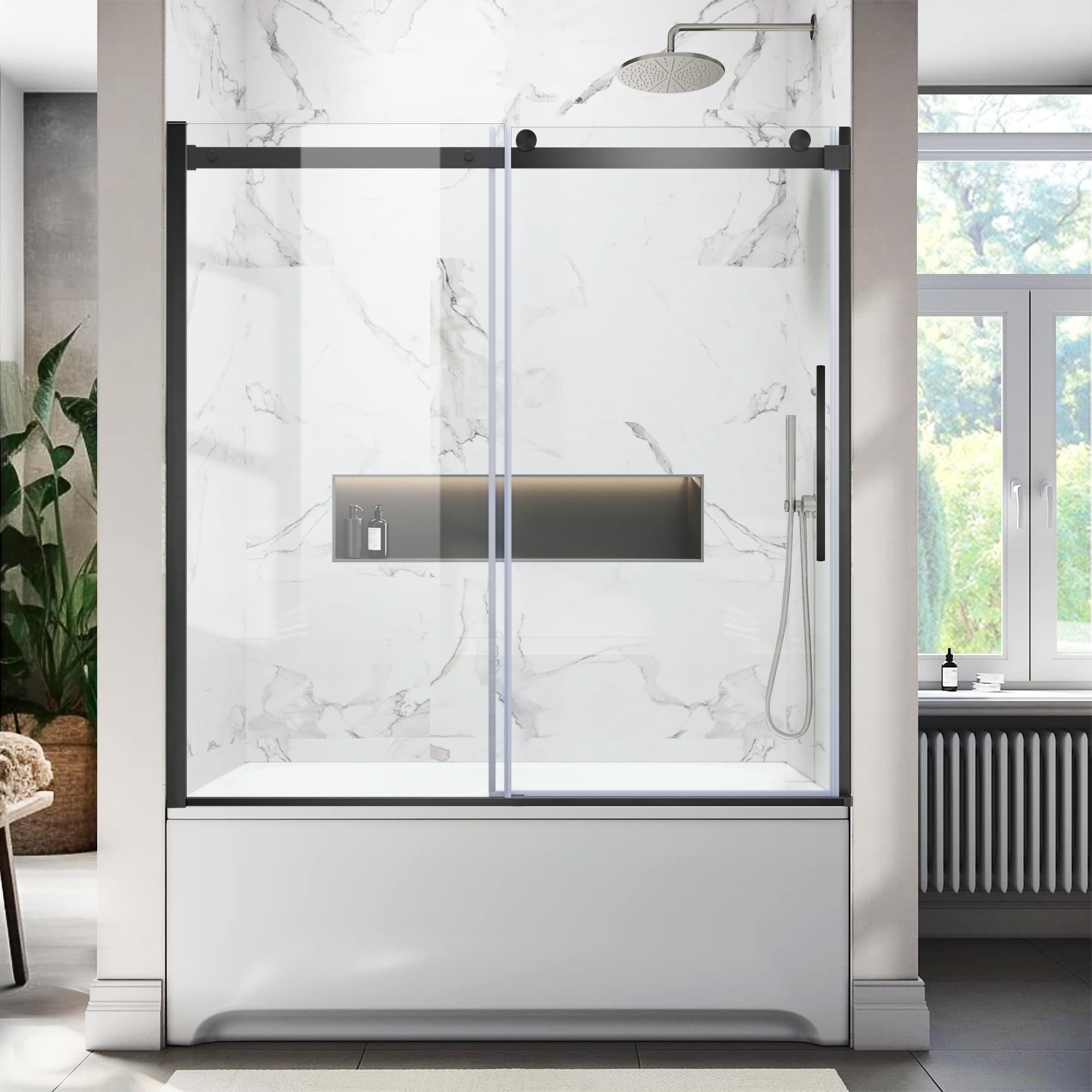 Bathtub Shower Glass Sliding Door, Fixed Framed Bypass Tub Glass Doors 58"-59" W x 60" H, 5/16"(8mm) Thick Clear Tempered Glass Door, Matte Black