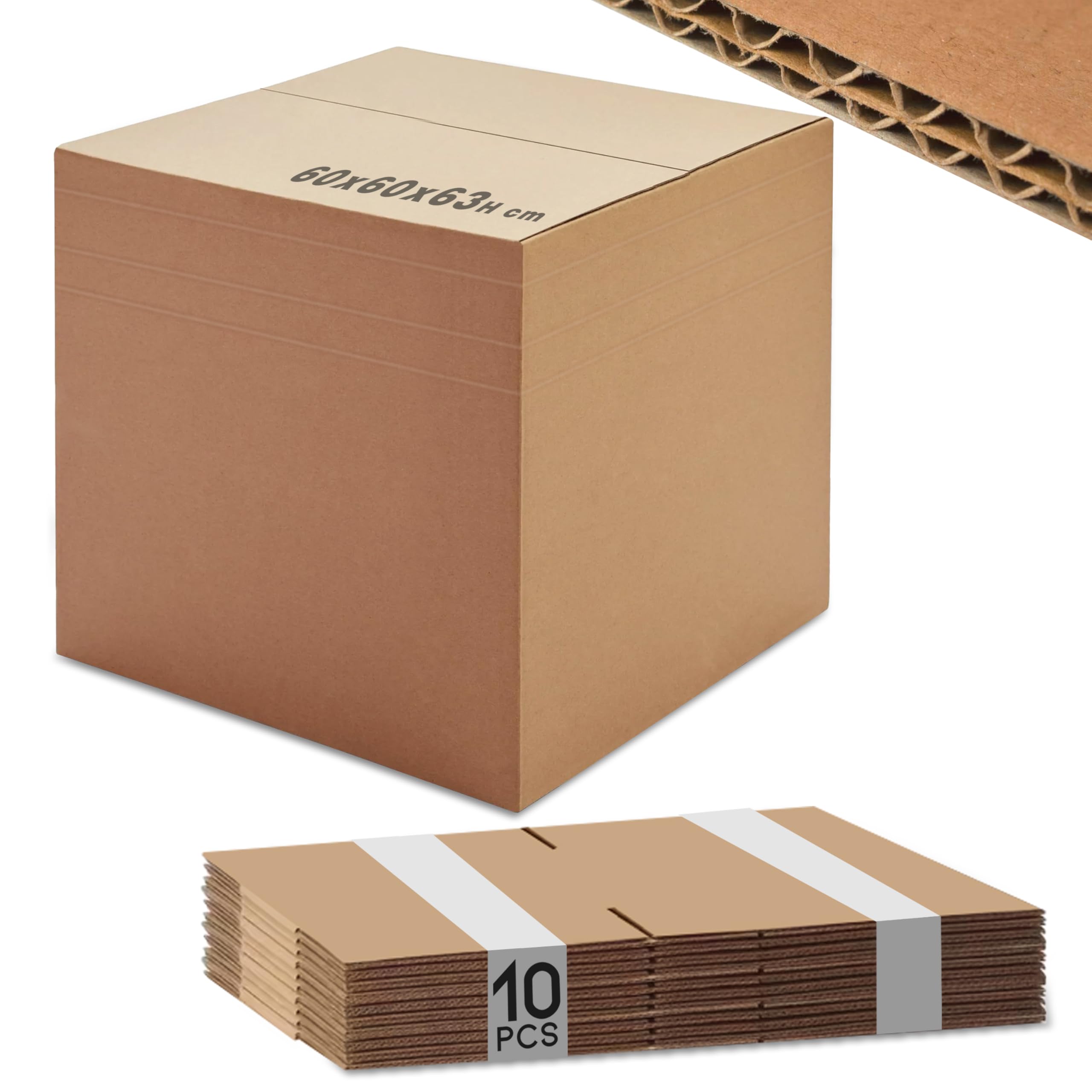 Gianto 10 Scatole Cartone 60 x 60 x 63 cm Doppia Onda, Scatoloni Grandi per Trasloco, Logistica, Spedizioni, Imballaggio, Magazzino, Packaging, Deposito, Resistenti - Avana