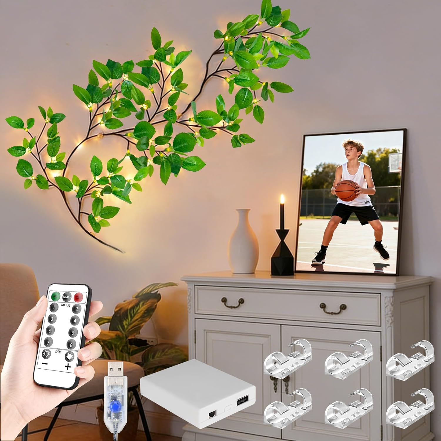 FNHMSL 4FT 48LED Green Leaves Enchanted Willow Vine Lights, Green Leaves Tree Branch Lights for Wall with USB Battery Box, Remote Timer, 8 Light Model, Bedroom Wall Doors Wedding, Christmas