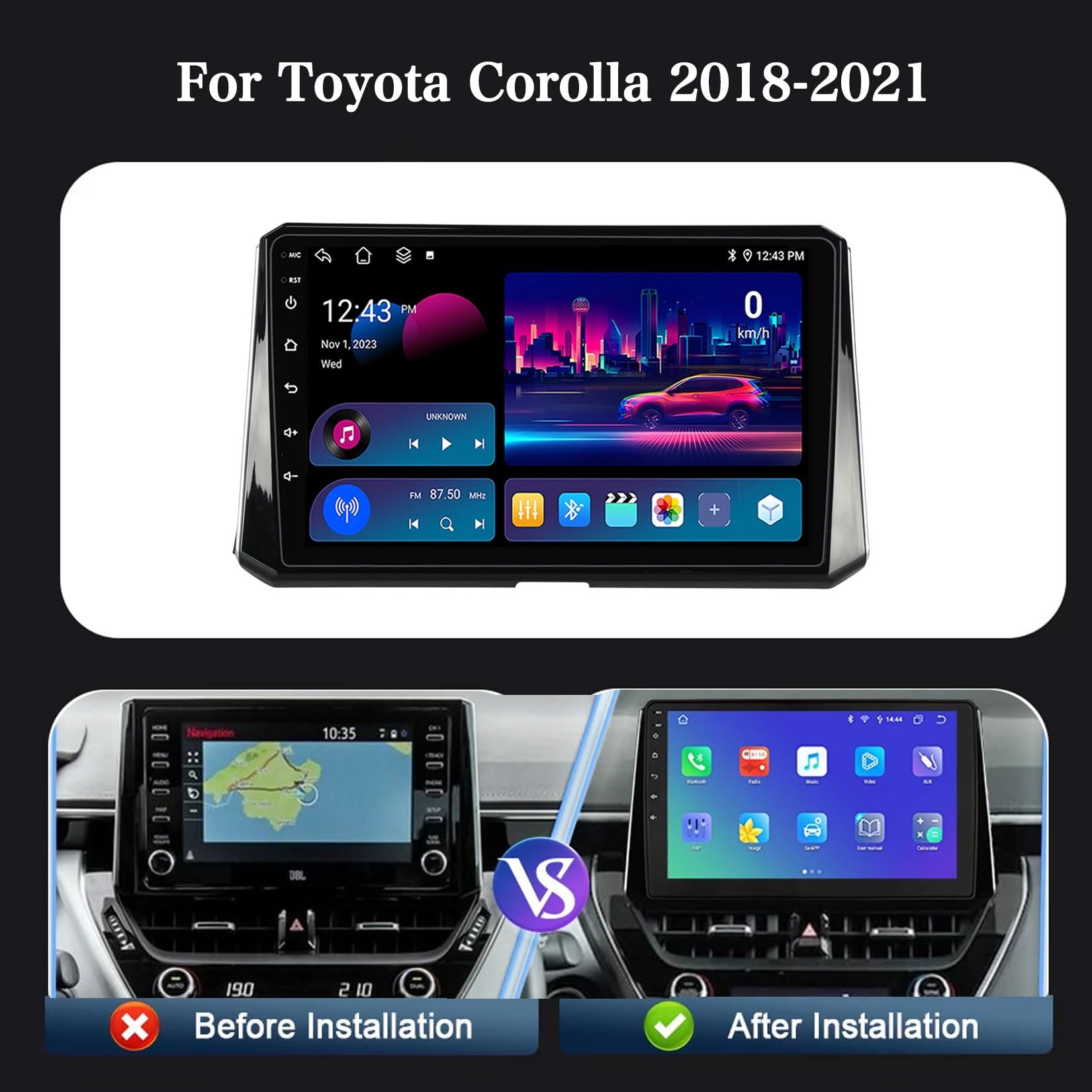 HIBIYA Radio samochodowe 2 DIN z ekranem do Toyota Corolla 2018-2021, system Android 14 radio samochodowe 10 cali z GPS RDS USB Bluetooth Mirrorlink sterowanie kierownicą + kamera cofania (T1 8Core 8