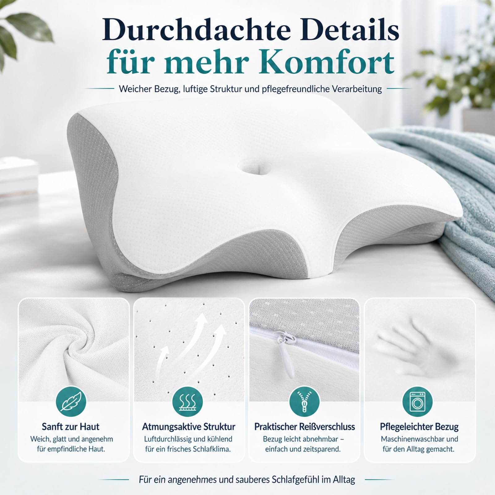 Nucca Kissen, Ergonomisches Nackenstützkissen aus Dual-Density-Schaum | Drei Komfortzonen, seitliche Armaussparungen und waschbarer Bambusmix-Bezug für Rücken-, Seiten- und Wechselschläfer.