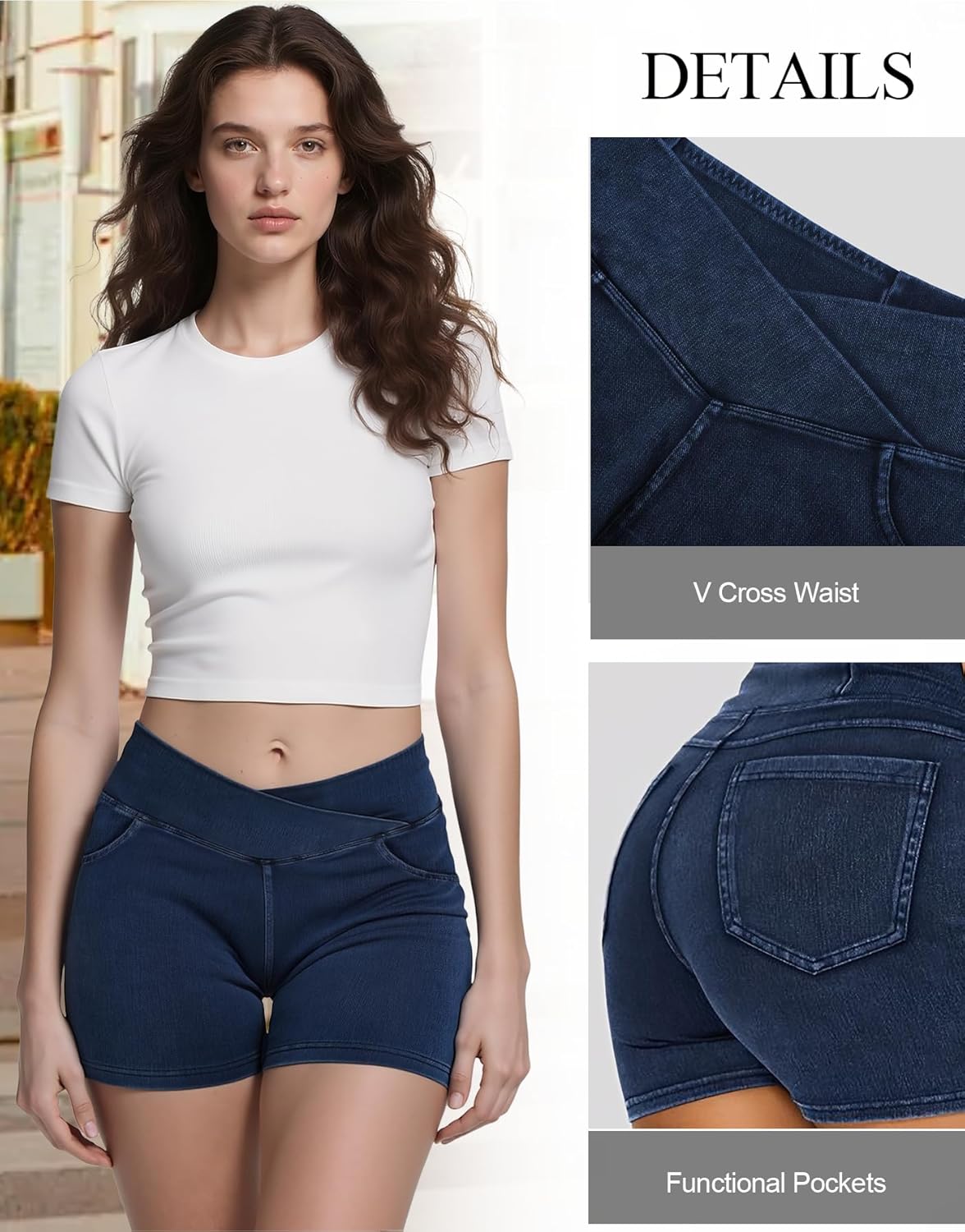 Women’s Stretchy Jean Shorts Crossover High Waisted Pull On Denim Shorts with Pockets - Image 3