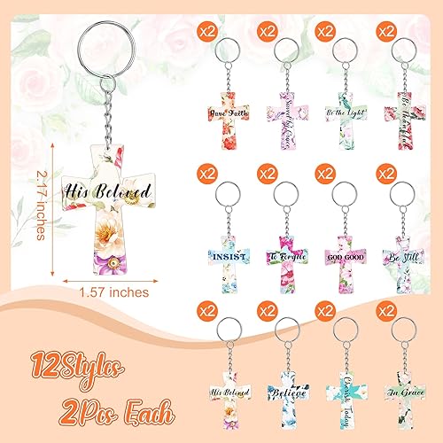 Miniatura 2 de Sasylvia 24 llaveros de cruz de acrílico floral cristiano, llavero cristiano de la Escritura, flor y versículo de la Biblia, llaveros cristianos a