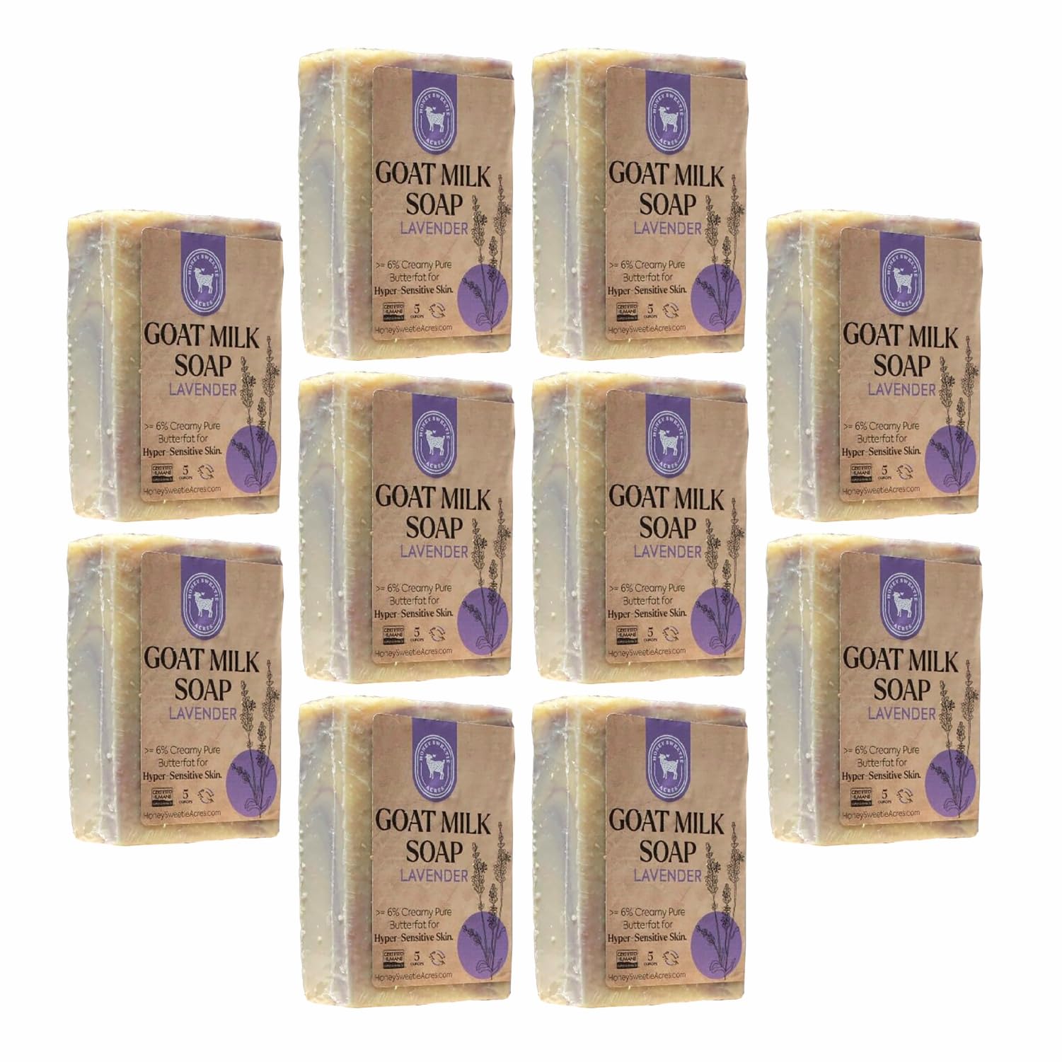 Honey Sweetie Acres 10-Pack of Lavender Goat Milk Soap - Handmade 5 oz Bar, Made with Natural Ingredients, Moisturizing & Gentle, Made in the USA