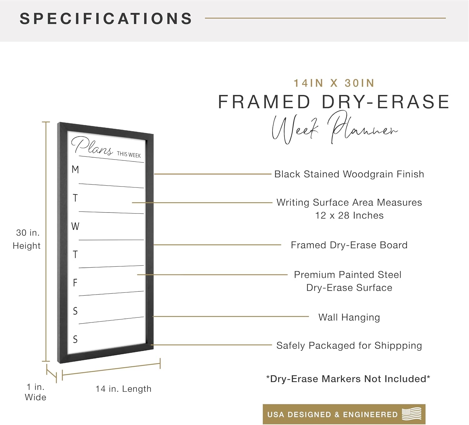 MCS Dry Erase Weekly Planner 14x30 Black Framed Calander Whiteboard for Wall, Plan Your Week with Family Weekly Planner for Dinners, Sports, Events & More