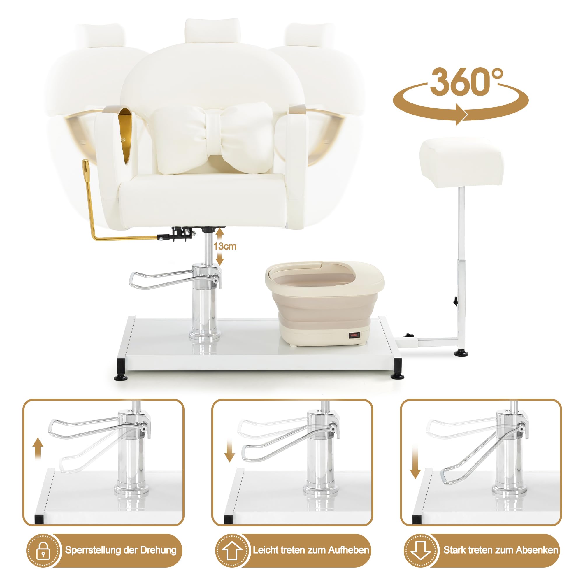 Barberpub Pediküre Stuhl mit Fußbadewanne & Pediküre Hocker, Friseurstuhl mit Goldlackierten Armlehnen, Höhenverstellbar & Kippbar, Fußpflegestuhl für Nagelstudio F0325 (Gold-Weiß)