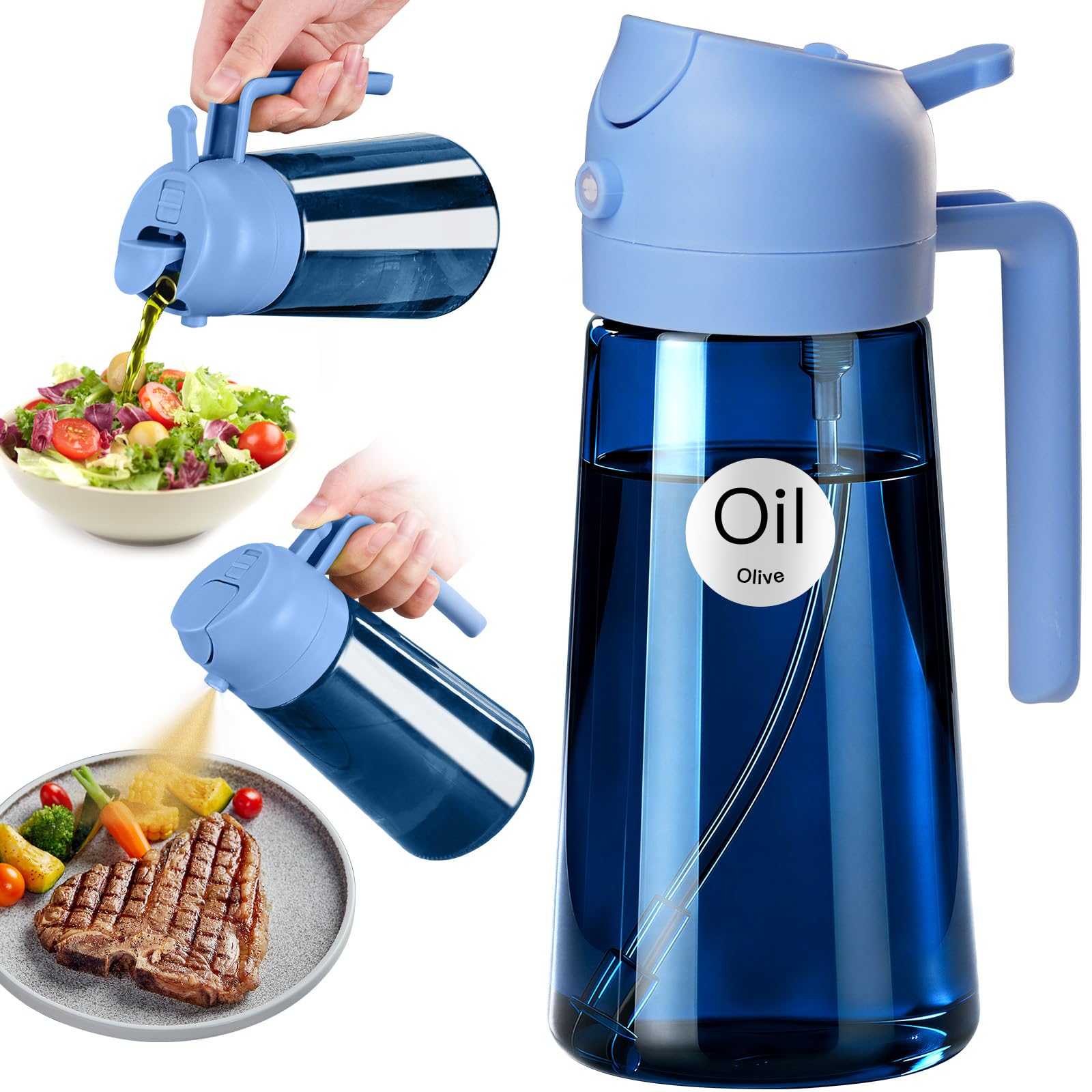 YARRAMATE 16oz/470ml Light Blocking Oil Sprayer for Cooking with Stickers, Food-Grade 2 in 1 Olive Oil Dispenser Bottle for Kitchen, Premium Dark Blue Glass Oil Bottle for Air Fryer, BBQ (Skyblue)