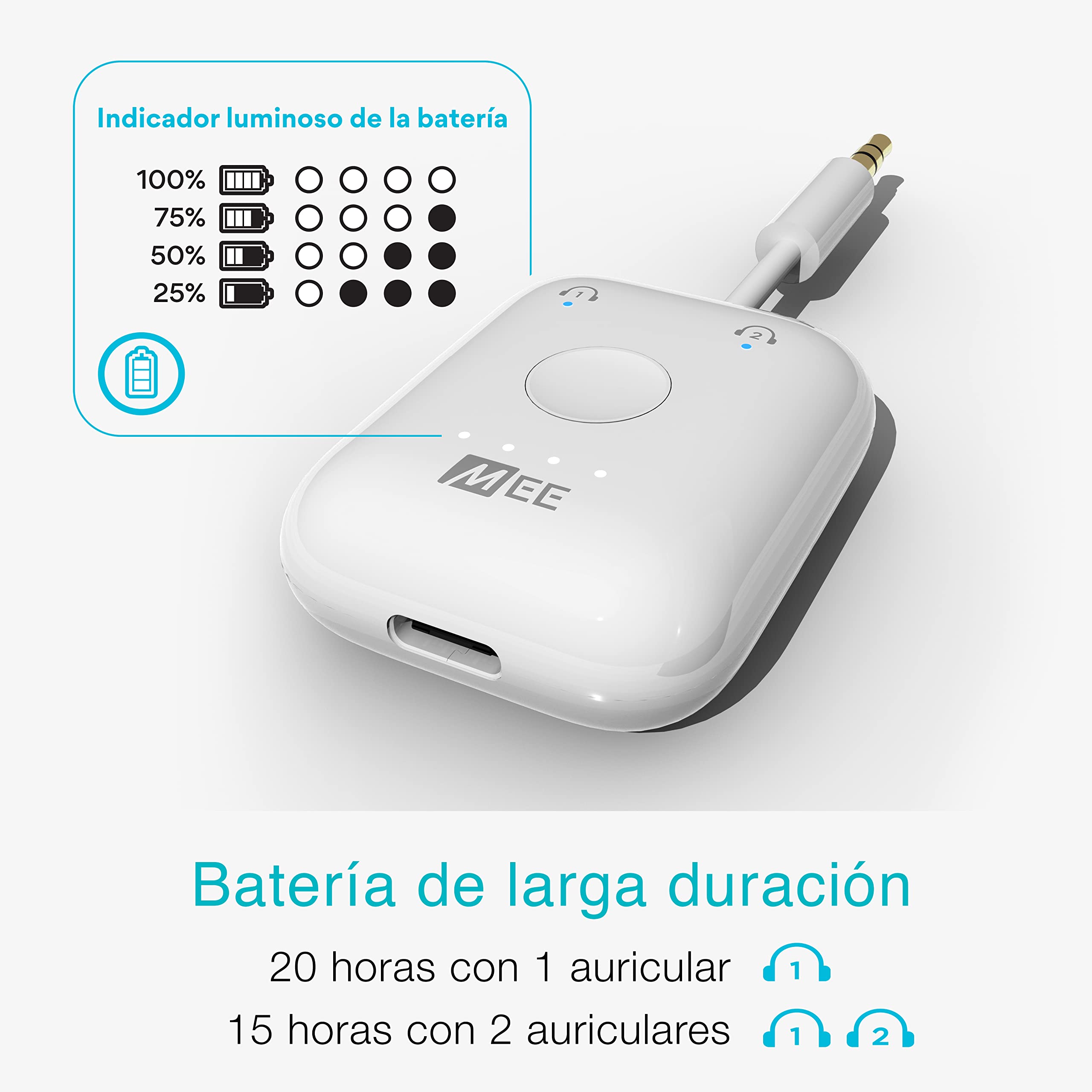 MEE audio Transmisor Bluetooth para Auriculares para hasta 2 AirPods / Otros Auriculares; Funciona con Entradas Aux de 3.5mm en Aviones, Equipos de Gimnasio, Televisores, y Consolas de Videojuegos