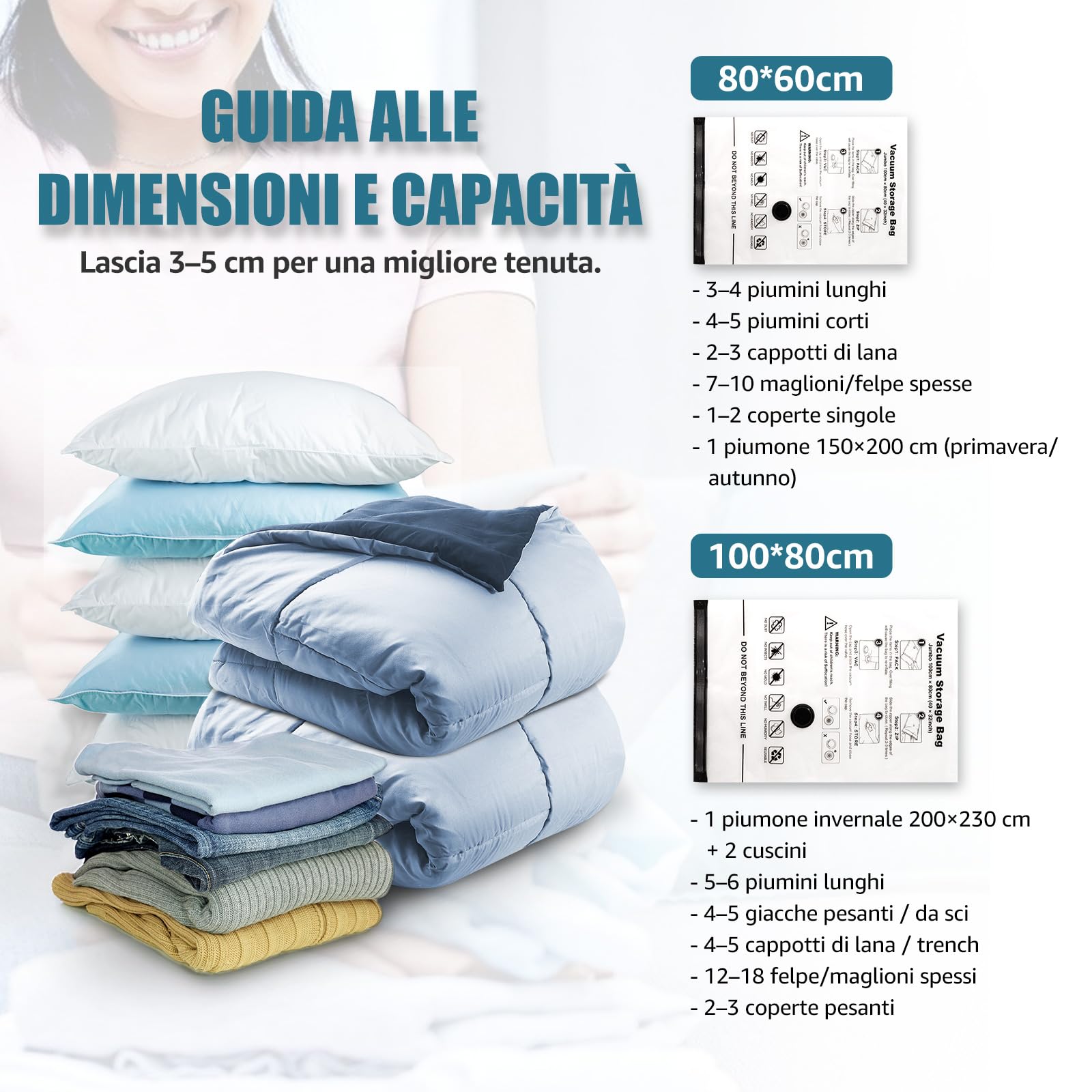 Accenter Sacchetti Sottovuoto Vestiti 5 Pezzi Sacchi Sottovuoto Piumoni 3XL 100x80cm 2L 80x60cm Buste Sottovuoto Vestiti Per contenere vestiti, lenzuola, piumoni, cuscini e coperte