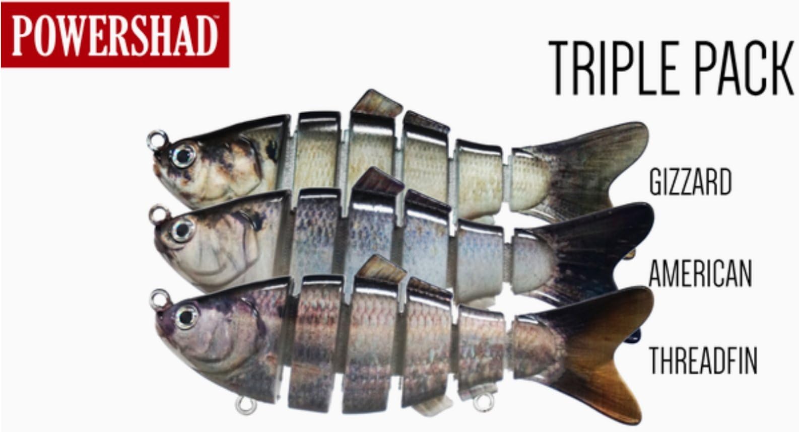 PowerShad – 3 Pack: Gizzard, American & Threadfin – 4 inch 1oz Slow Sink. Extremely Realistic Shad Swimbait! Life-Like Swim Action & Super Realistic. Target All Bass Species.