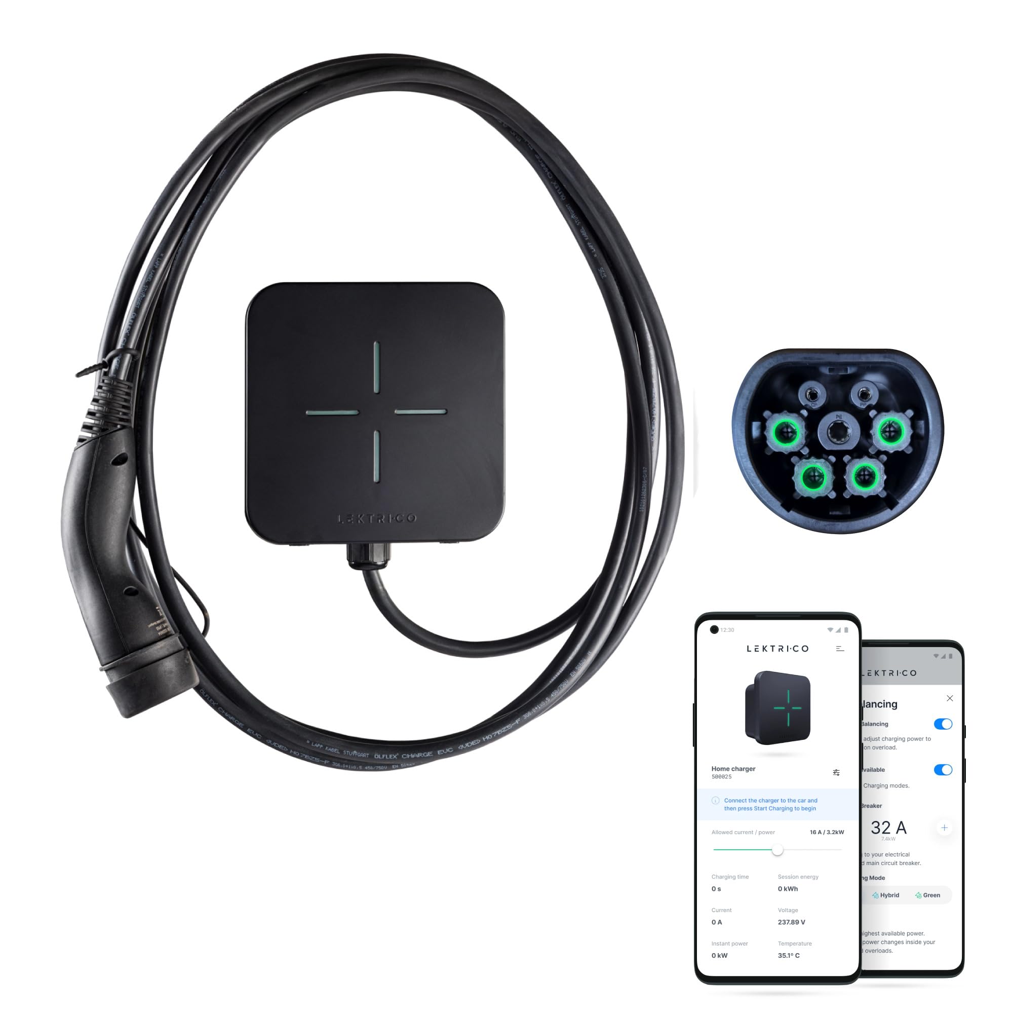 Stazione di ricarica domestica EV smart LEKTRI·CO: Wi-Fi, cavo Tipo 2 5m con shutter, 6A-32A, trifase, 22 kW, App mobile, per interni/esterni, IP54