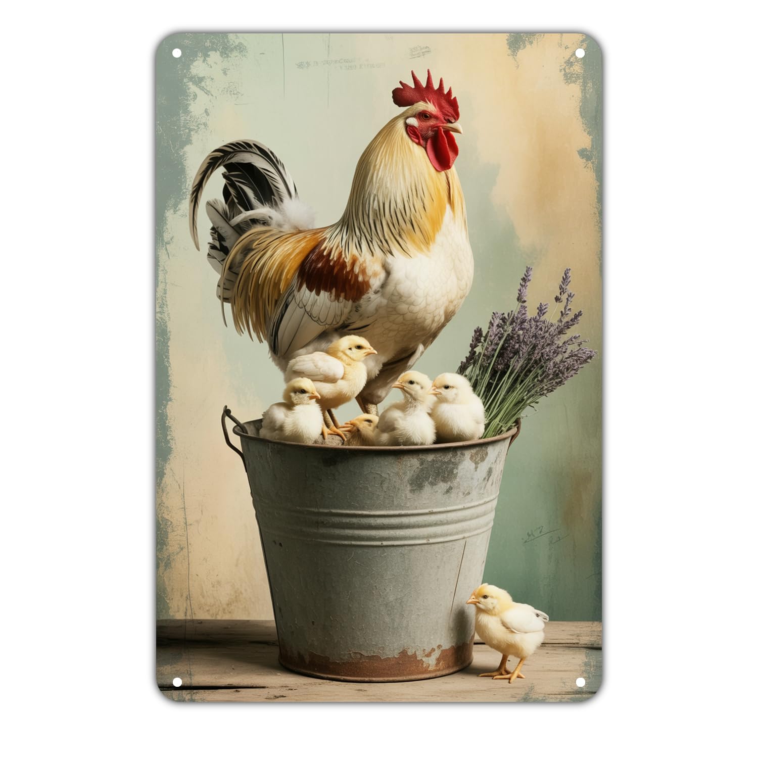 Rooster Chicken And Chicks In Bucket Tin Sign Vintage Farmhouse Animal Metal Sign Print Aesthetic Metal Tin Sign 8X12 Inch