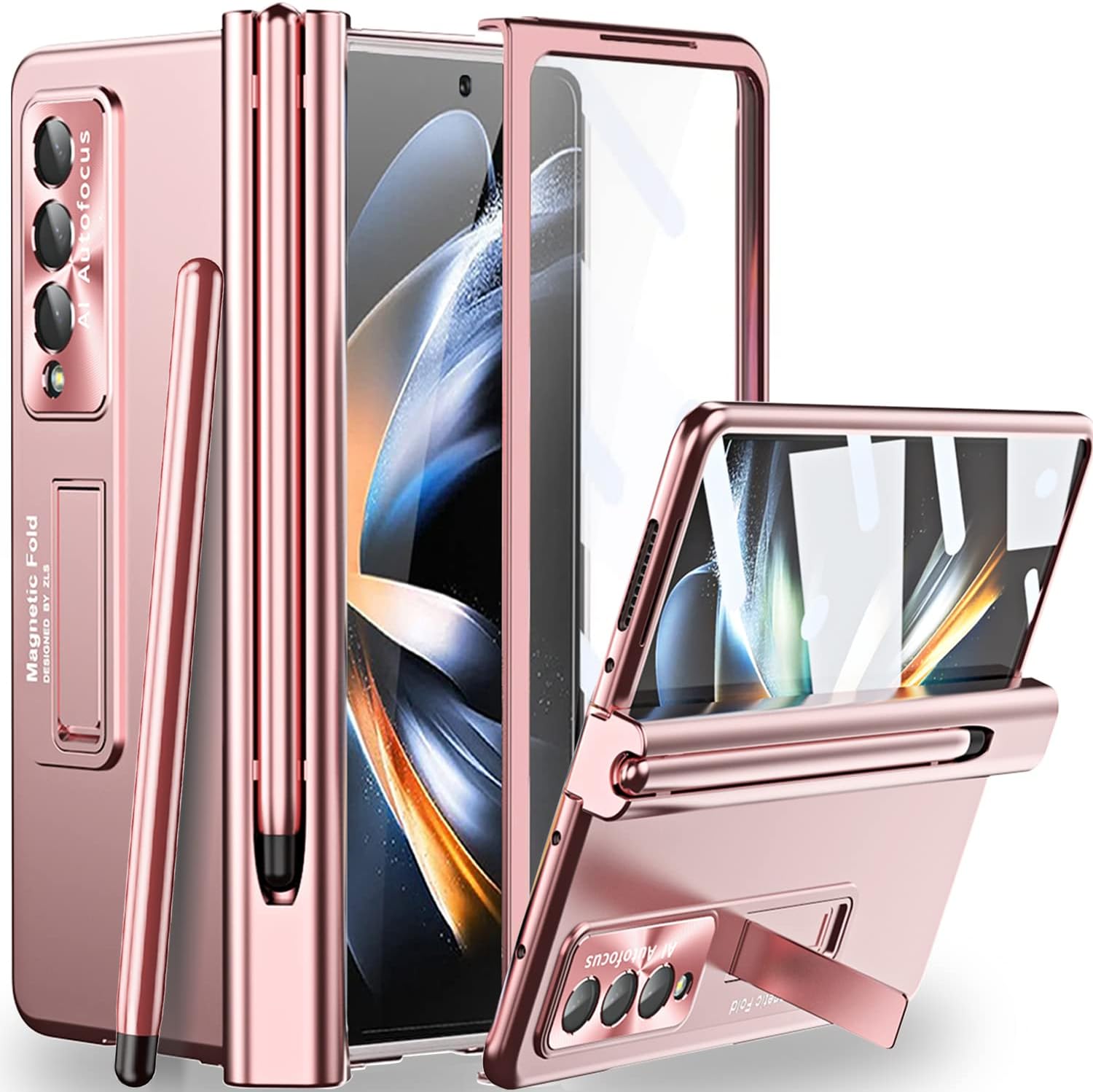 Miimall comptable with for Z Fold 4 Case with S Pen, Fold 4 Pen with Pen Holder + Lens Film + Front Screen Protector Film + Luxury Case for Z Fold 4(Rose Gold)