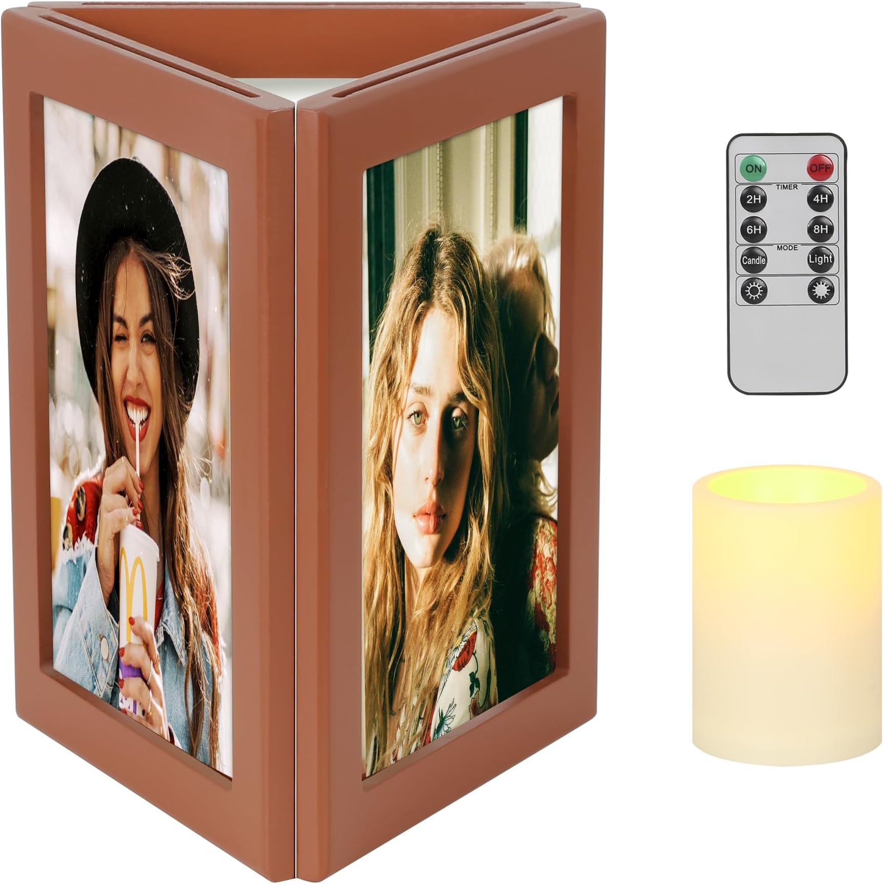 Picture Frame,5x7inches Flameless Candles Three-Sided Photo Frame,Wooden Self Standing Desktop Picture Frame with Remote Control and Timer for Mother's Day Housewarming Christmas wedding