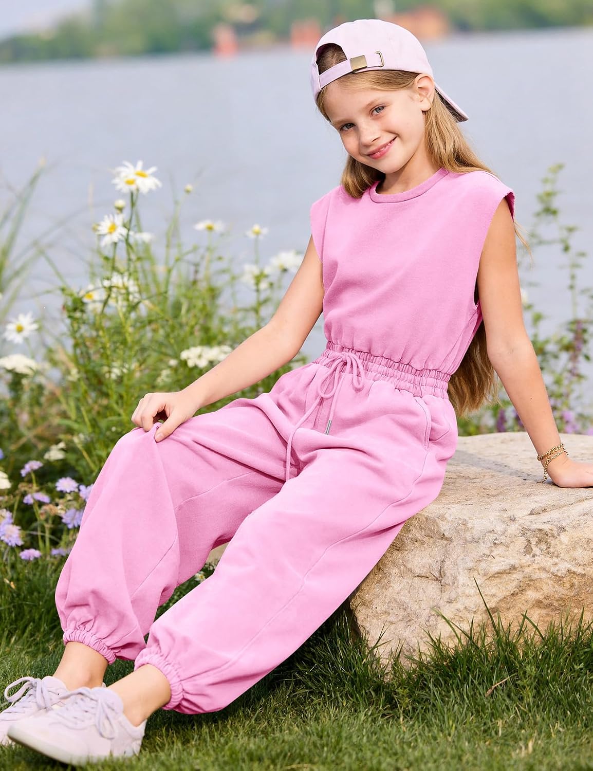 Kissonic Girls Jumpsuits Round Neck Cap Sleeve Wide Leg Rompers Drawstring One Piece Outfits with Pockets image 3