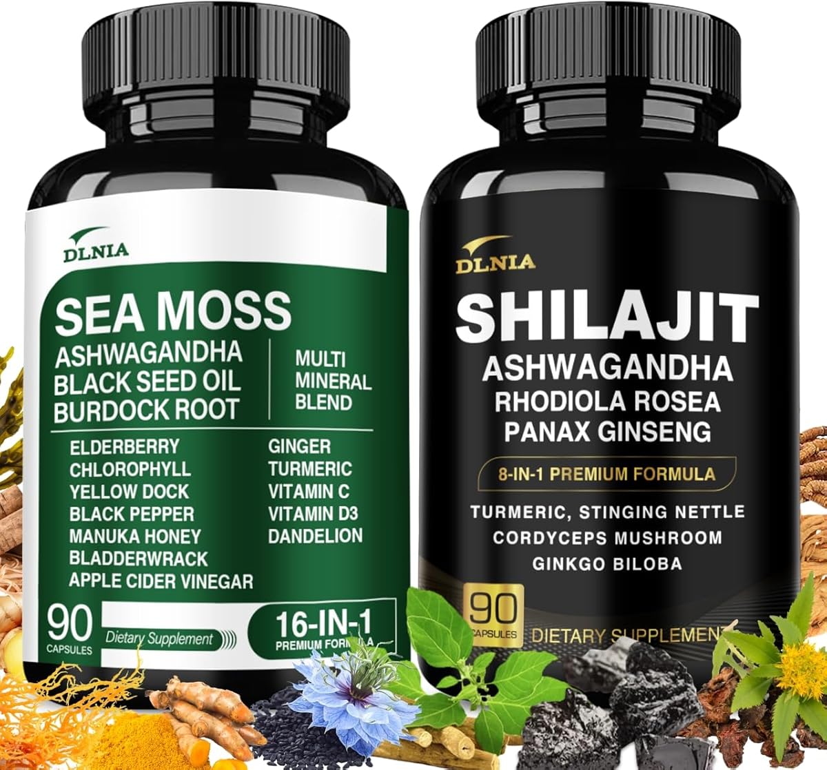 DLNIA Shilajit 9000mg, Sea Moss 17500mg, Ginger & Black Seed Oil 4000mg, Ashwagandha 5000mg, Rhodiola Rosea, 1000mg Panax Ginseng 1500mg, All in 1 Supplement - Sea Moss & Shilajit Vitality Bundle