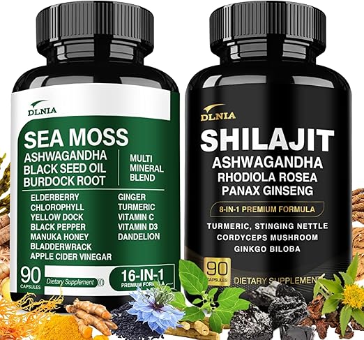 Shilajit 9000mg, Sea Moss 17500mg, Ginger & Black Seed Oil 4000mg, Ashwagandha 5000mg, Rhodiola Rosea, 1000mg Panax Ginseng 1500mg, All in 1 Supplement - Sea Moss & Shilajit Vitality Bundle