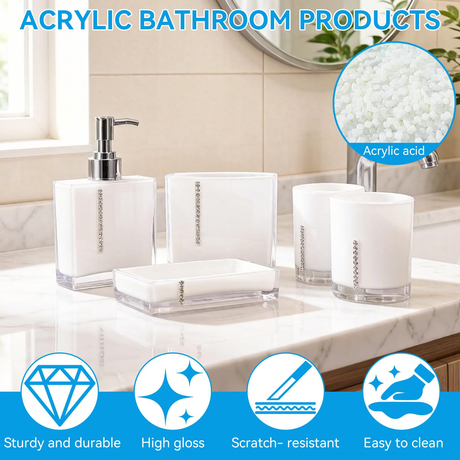 Juego De Accesorios De Baño, Juego De Accesorios De Baño Blanco, 5 Piezas De Acrílico, Taza De Baño, Soporte Para Cepillo De Dientes, Jabonera, Linda Decoración De Baño, Tocador De Baño Moderno, Decor