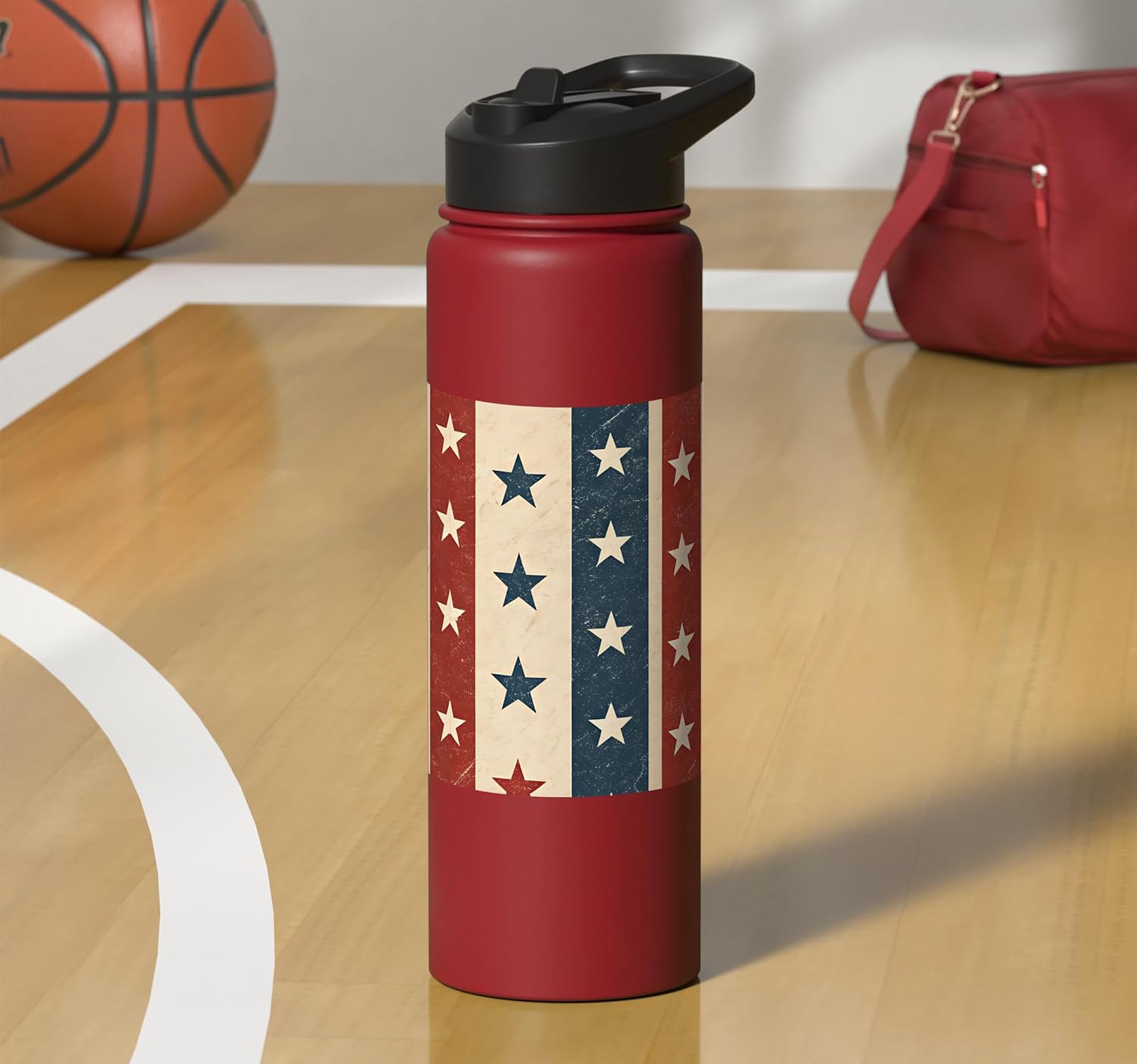Vintage Americana Star Pattern Red White Blue Patriotic Stainless Steel Insulated Water Bottle