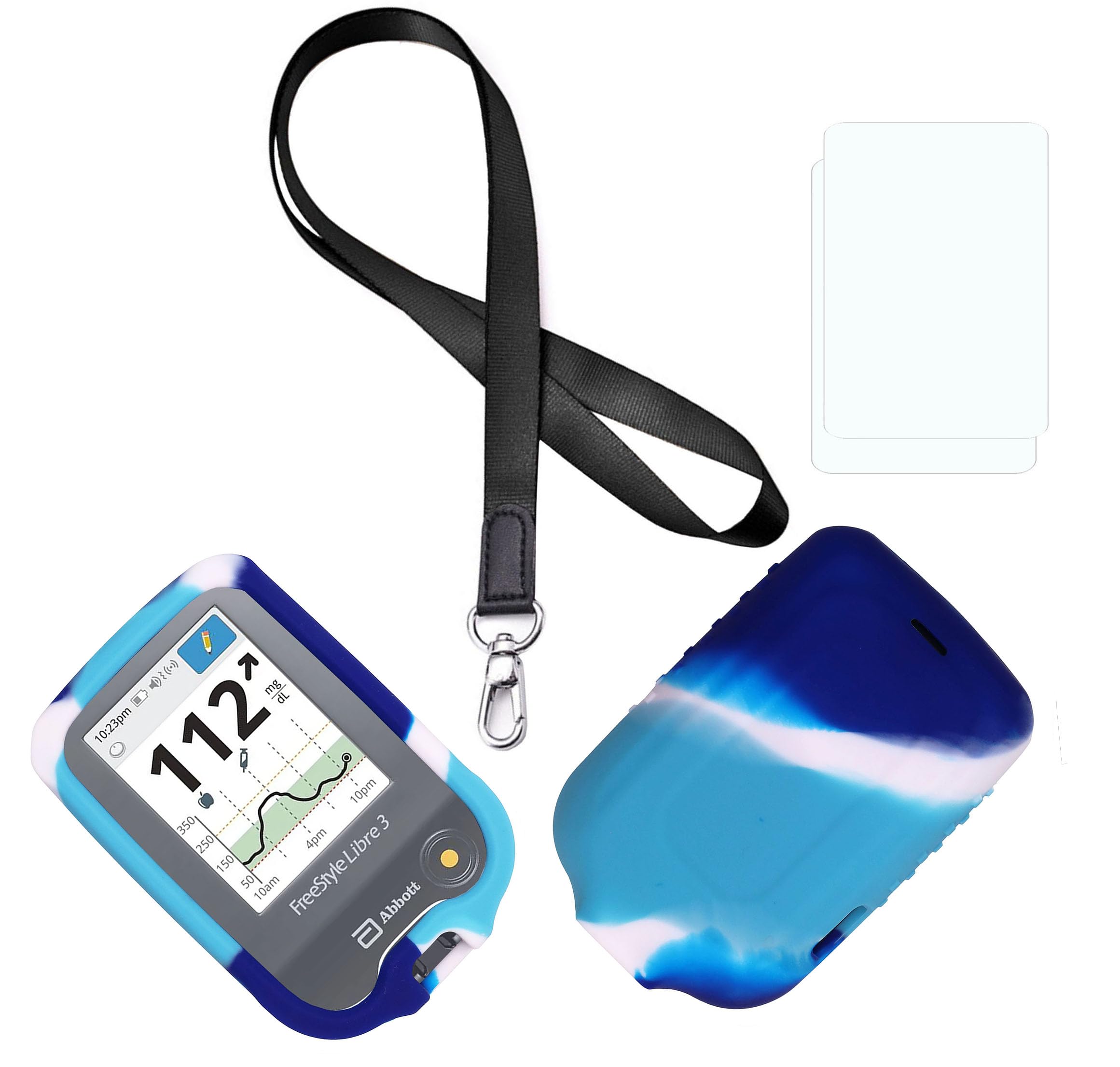 Premium Mixed Color Silicone Case (Lanyard + TPU Screen Protector) for Freestyle Libre 3 & Freestyle Libre 2 (Blue White)