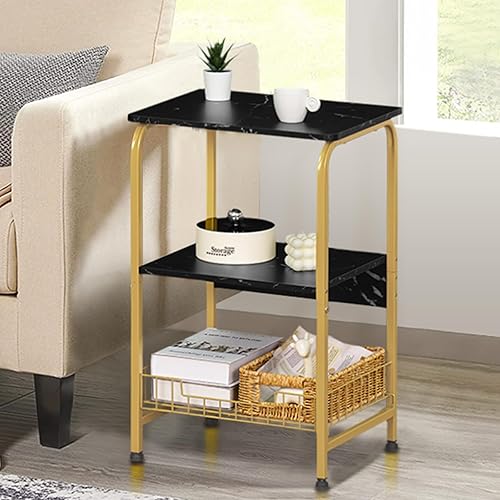 Miniatura 7 de YAHARBO Mesa auxiliar negra y dorada, mesa auxiliar pequeña de 3 niveles con cesta de almacenamiento, mesita de noche moderna con marco de metal y