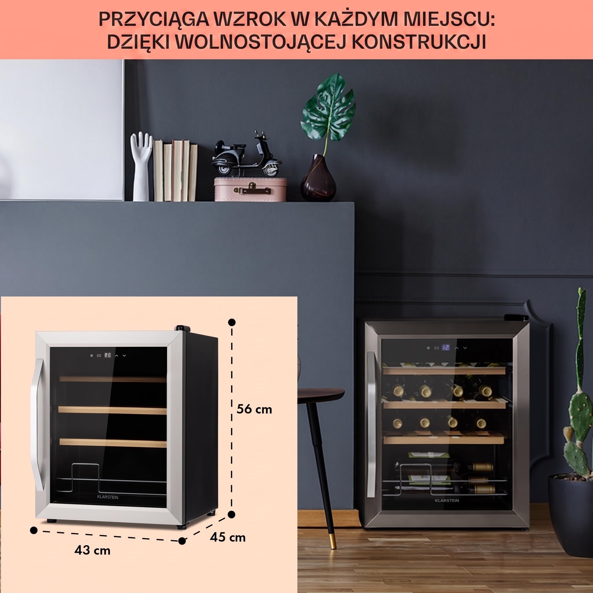 Klarstein Chłodziarka do wina, Wąska lodówka na napoje, lodówka ze szklanymi drzwiami, Wolnostojące chłodziarki, Mała chłodziarka do wina, 1 strefa, Ochrona UV, 5-18 °C, 16 butelek